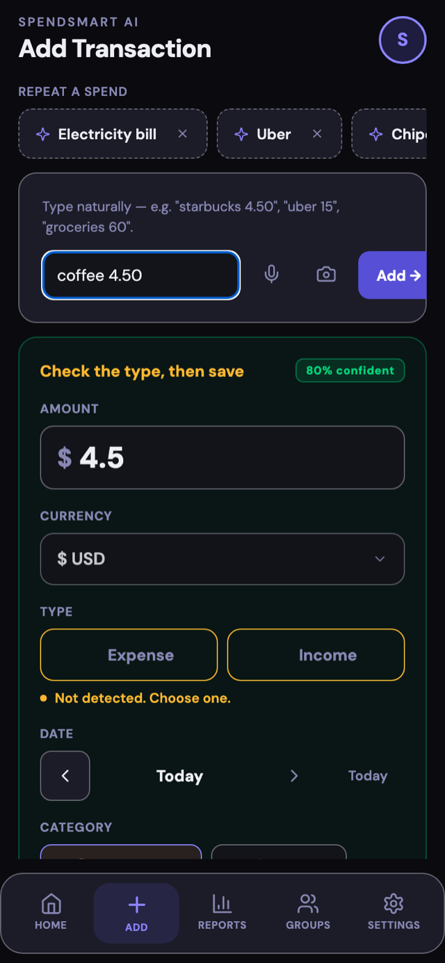 The SpendSmart AI add screen. The phrase "coffee 4.50" typed in plain language has been read into a $4.50 expense in Food and Dining, dated today, shown on a review card before it is saved.